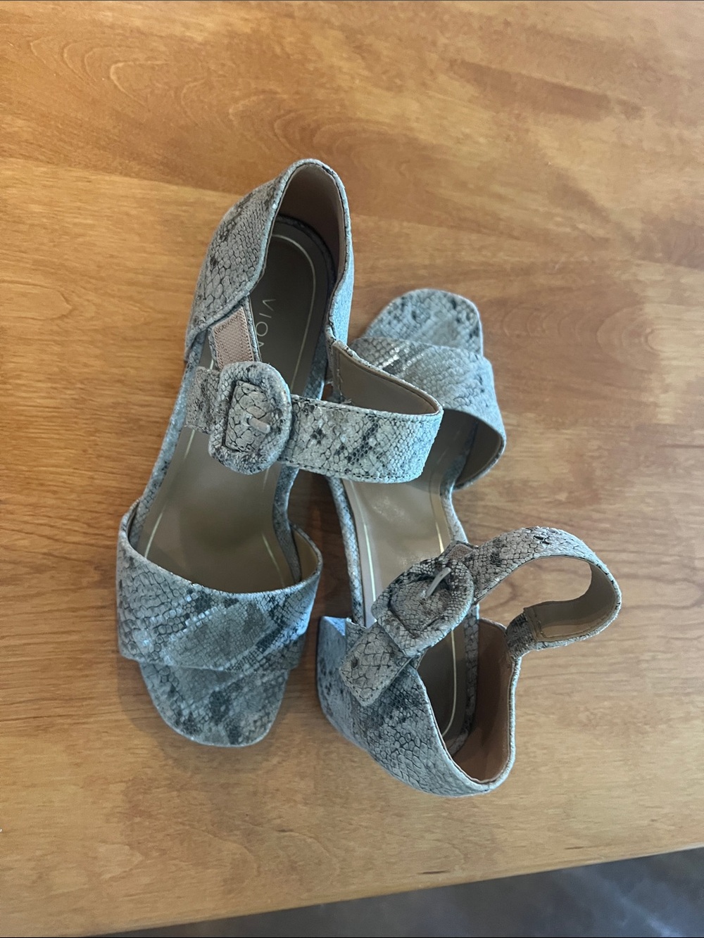 Vionic Snake-Print Gray Block Heel Sandals